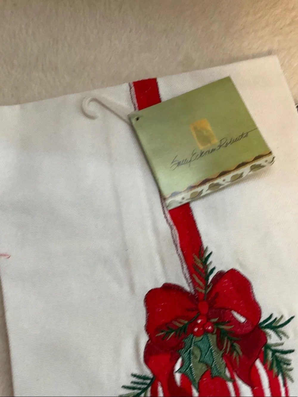 Embroidered Red Holiday Tea Towel by